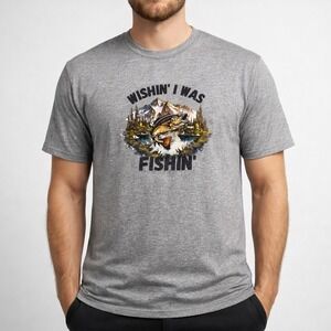 Wishin I Was Fishin Gildan Mens Grey Heavy Cotton Graphic T Shirt Size M